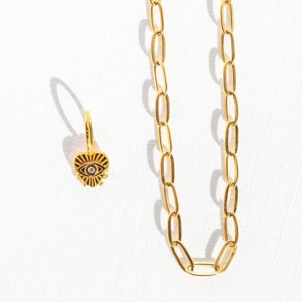 Waterproof Gold Paperclip Chain Necklace with Removable Heart Eye Charm Dainty